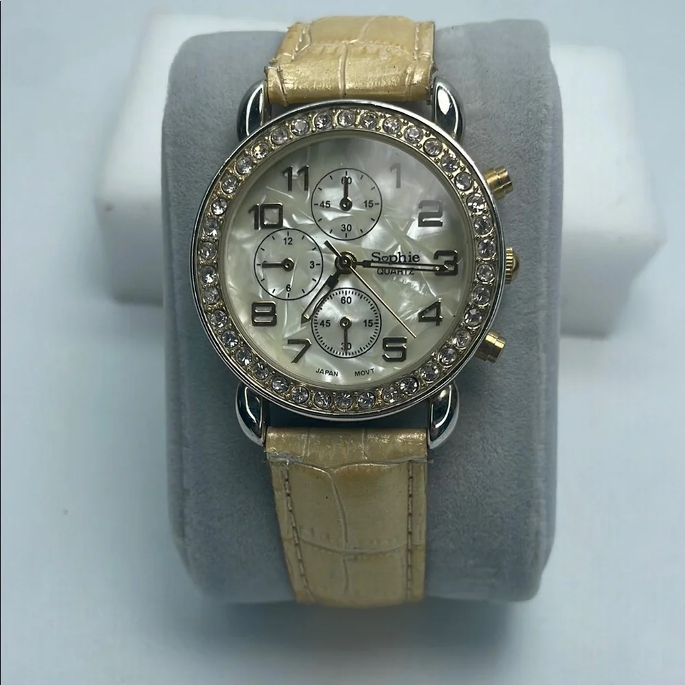 Sophie Pearl and Gold Toned Watch with Crystal Accents and Chronograph